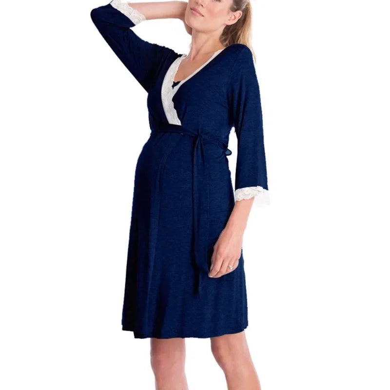 Fashion Lace Three-quarter Sleeve Maternity Nightdress Loose Bathrobe Pregnant Women Nightgown