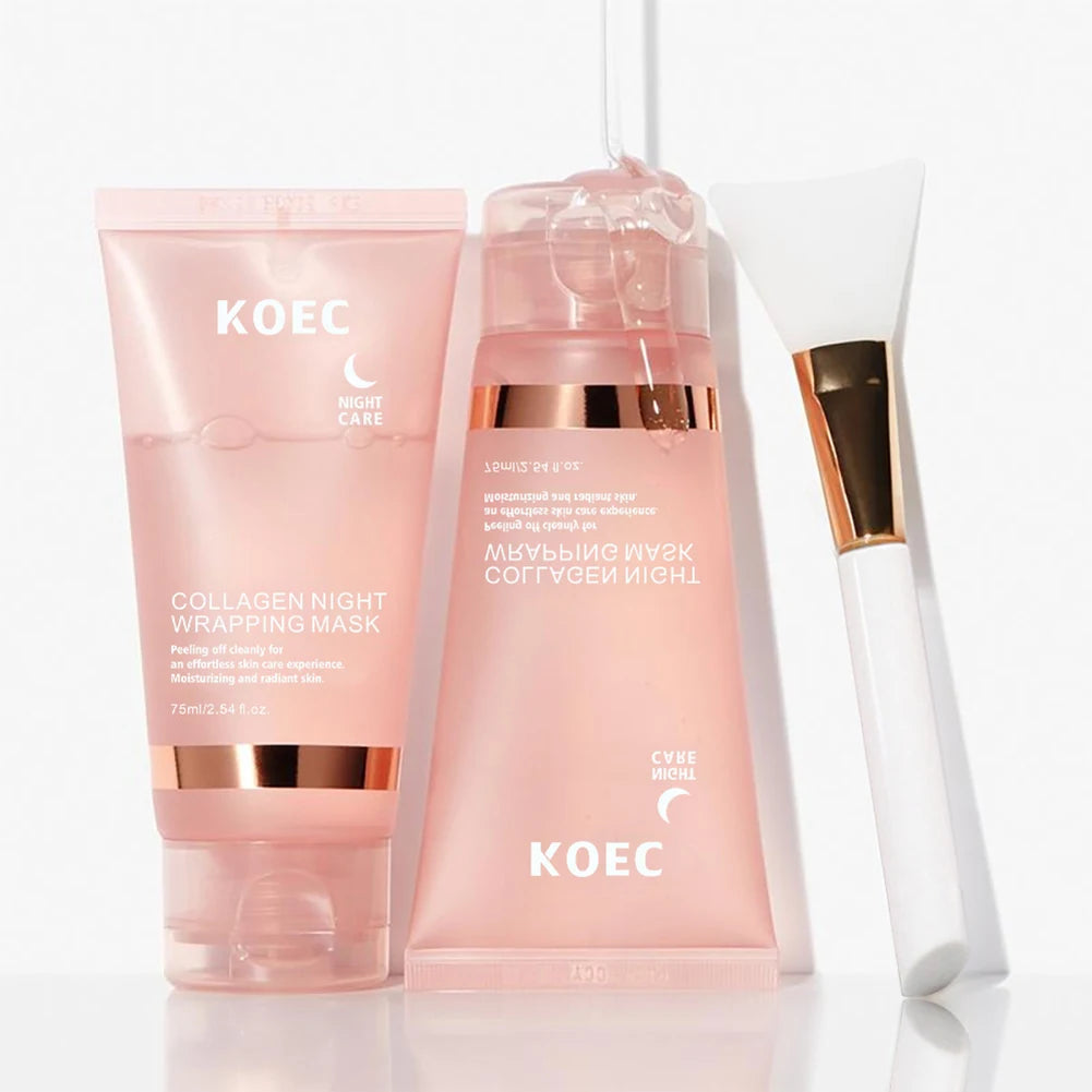 75ml Collagen Sleeping Mask,Collagen Overnight Wrapping Peel Off Facial Mask Deep Nourishing Refines Pores Mask With Brush