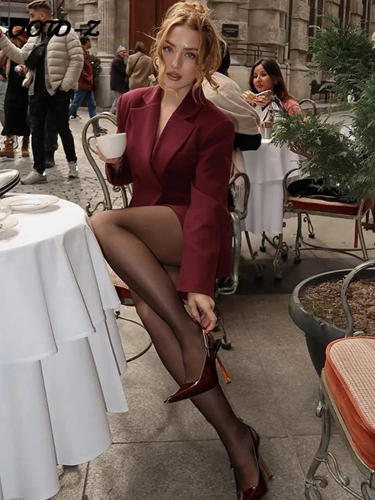 Fashion Wine Red Women Blazer Set Casual Long Sleeve Single Breasted Lapel Female Suit 2025 Spring Streetwear Lady Suits