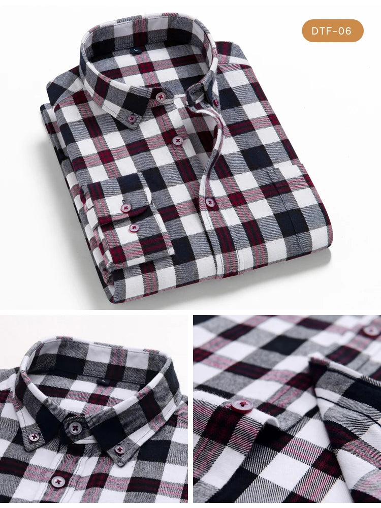Men's Button Down Collar Contrast Plaid Pure Cotton Flannel Shirt with Left Chest Pocket Slim Fit Comfort Casual Brushed Shirts