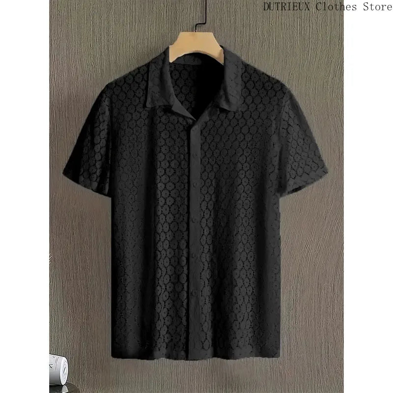 Spring/Summer Men's Fashion Lace Short-sleeved Shirt Party Club Sexy Hollowed-out See-through Shirt Casual Street Men's Clothing