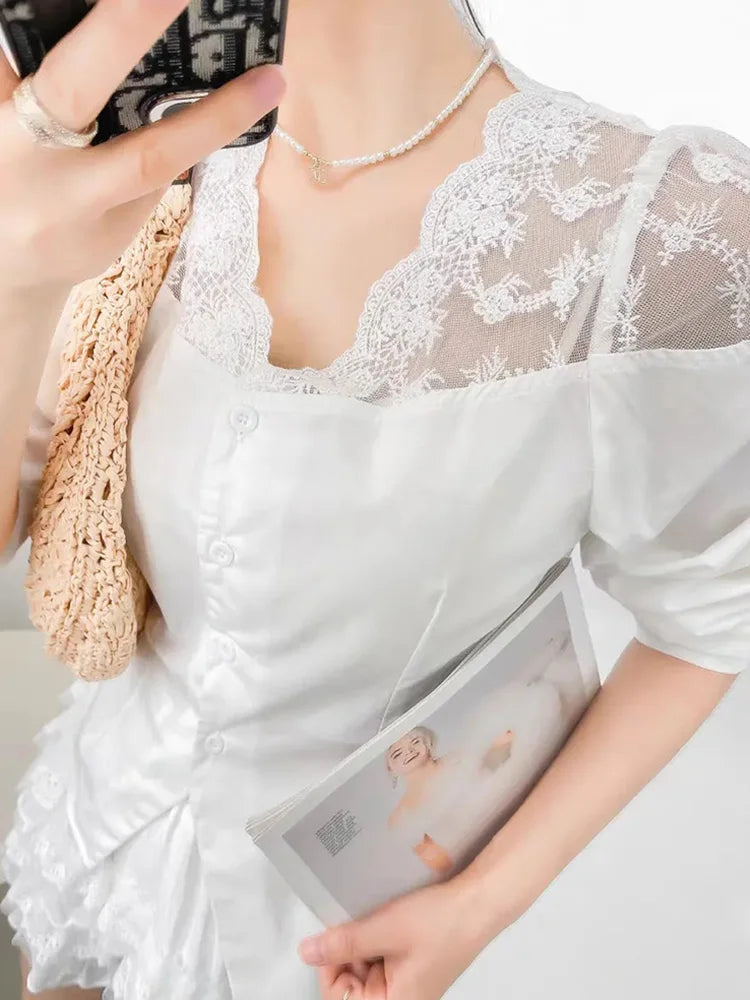 Elegant V Neck White Shirt Women Sexy Slim Long Sleeve Lace Patchwork Blouse Korean Fashion Female All Match Sweet Spring Tops