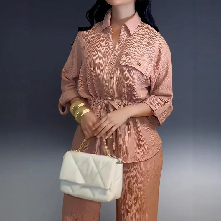 Women's Two Piece Set Lapel Long Sleeve Drawstring Waist Shirt High Waist Loose Wide Leg Trousers Casual Daily Matching Outfit
