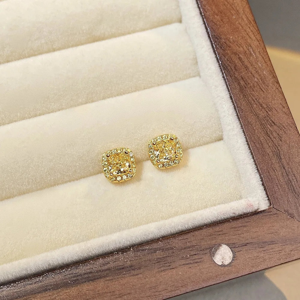 Luxury real gold solid 18K gold Yellow Diamond Earrings Women's Small Sugar Ice Flower Cut