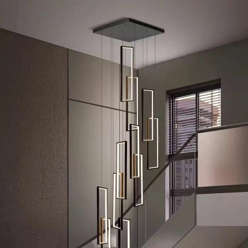 Modern Simple Staircase LED Chandeliers Aluminum Squarer Pendant Lights Loft Villa Duplex Exhibition Hall Decor Lighting Fixture