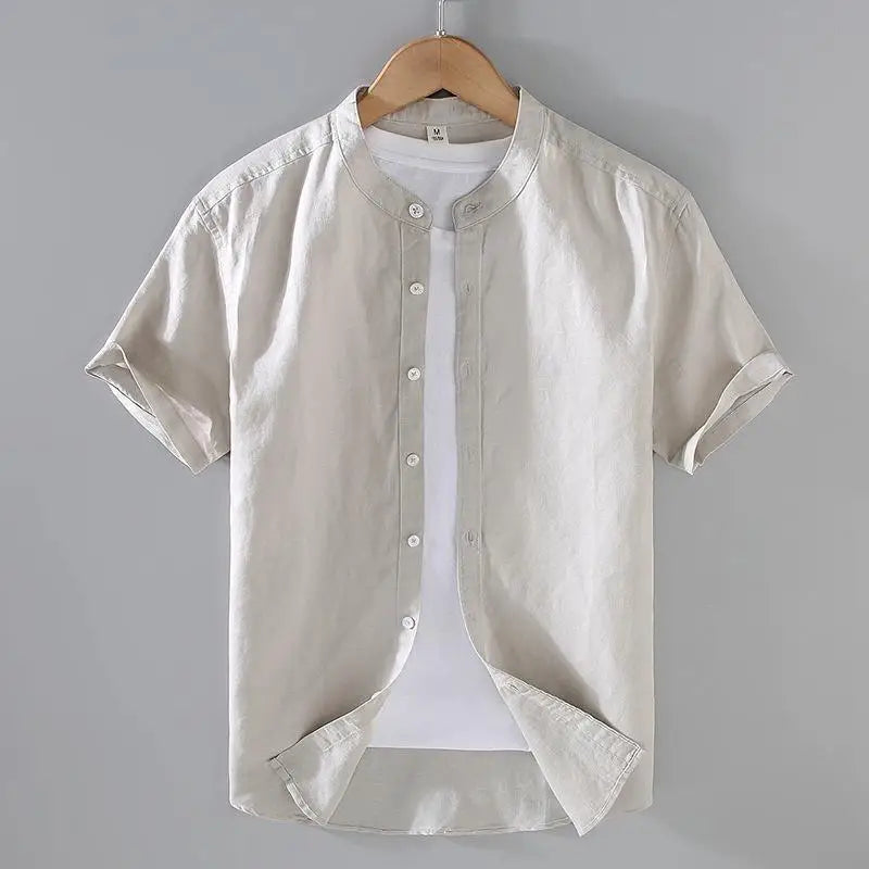 Men's Short-Sleeved Shirt Summer Streetwear Plain Color Stand Collar Casual Beach Style plus Size M-5XL