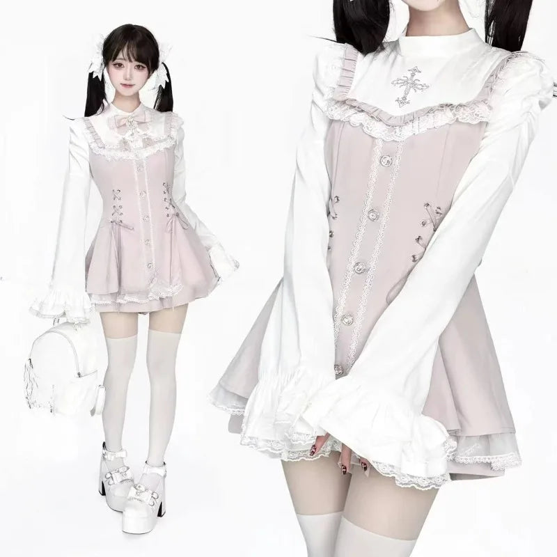 Japanese Style Lolita 2 Piece Set Y2k Mini Skirt Woman Harajuku Sweet Kawaii Print Dress Tops Korean Fashion Elegant Dress