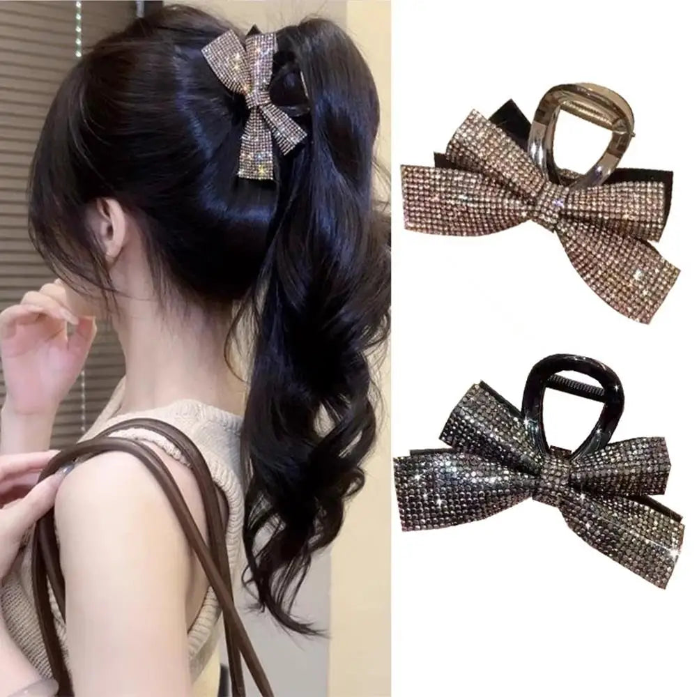 New Bow Hair Clip Simple Elegant Romantic Full Diamond Bow 8CM High Ponytail Shark Clip Hair Accessories Diamond Bow Headwear
