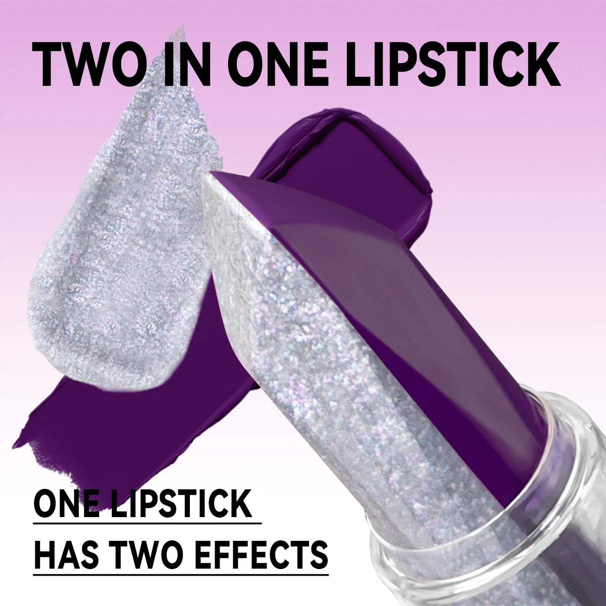 Halloween Purple Silver Two‑Tone Glitter Lipstick Transparent Square Tube Sparkly Shiny Lips Cosplay Stage Makeup