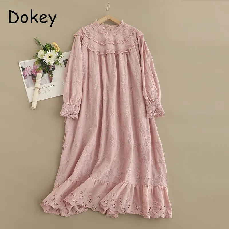 Vintage Embroidery Hollow Out Cotton Linen Dress Women Spring Mori Girl Lace Ruffled Casual Long Sleeve Loose Pullover Vestidos