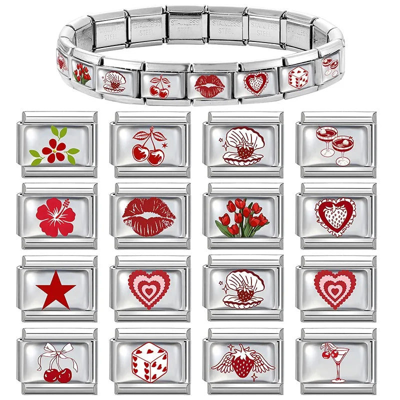 Fashion Red Series Heart Flower Bowknot Cherry Women Men Charm Link fit 9mm Stainless Steel Italian Bracelet Making DIY Jewelry