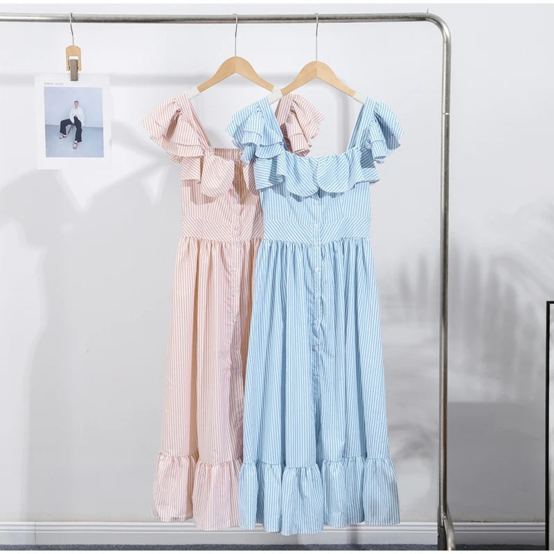 Fashionable Striped Ruffle Pleated Women's Dress Elegant Solid Square Neck Single Button Dresses Female Summer Chic Casual