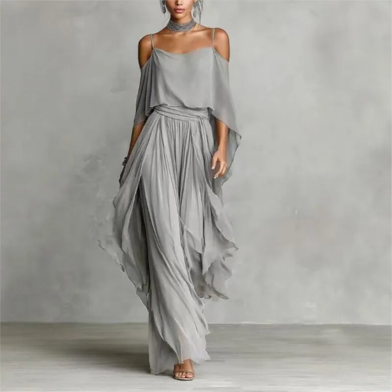 Solid Color Chiffon Two Piece Set Women Casual Off Shoulder Top & Long wide leg pants Set Ladies Elegant Party Suits Outfits