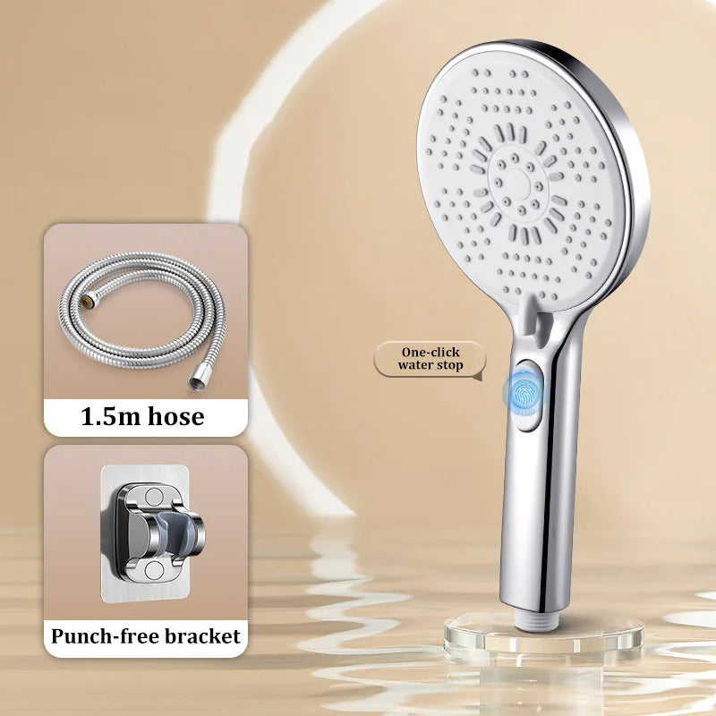 Bathroom Shower Head 5-function Large Water Output Booster Filter Handheld Shower One-button Water Stop Silicone Panel