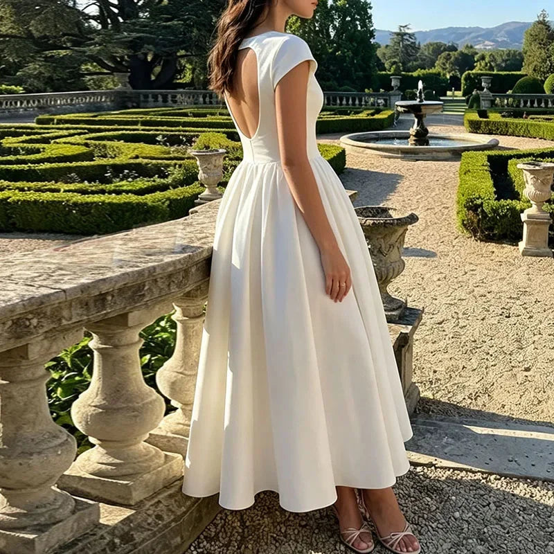 Chic Elegant Backless Slim A-Line Dress Trendy Solid Short Sleeved Splice Dress Temperament O-Neck High Waist Banquet Evening Dr