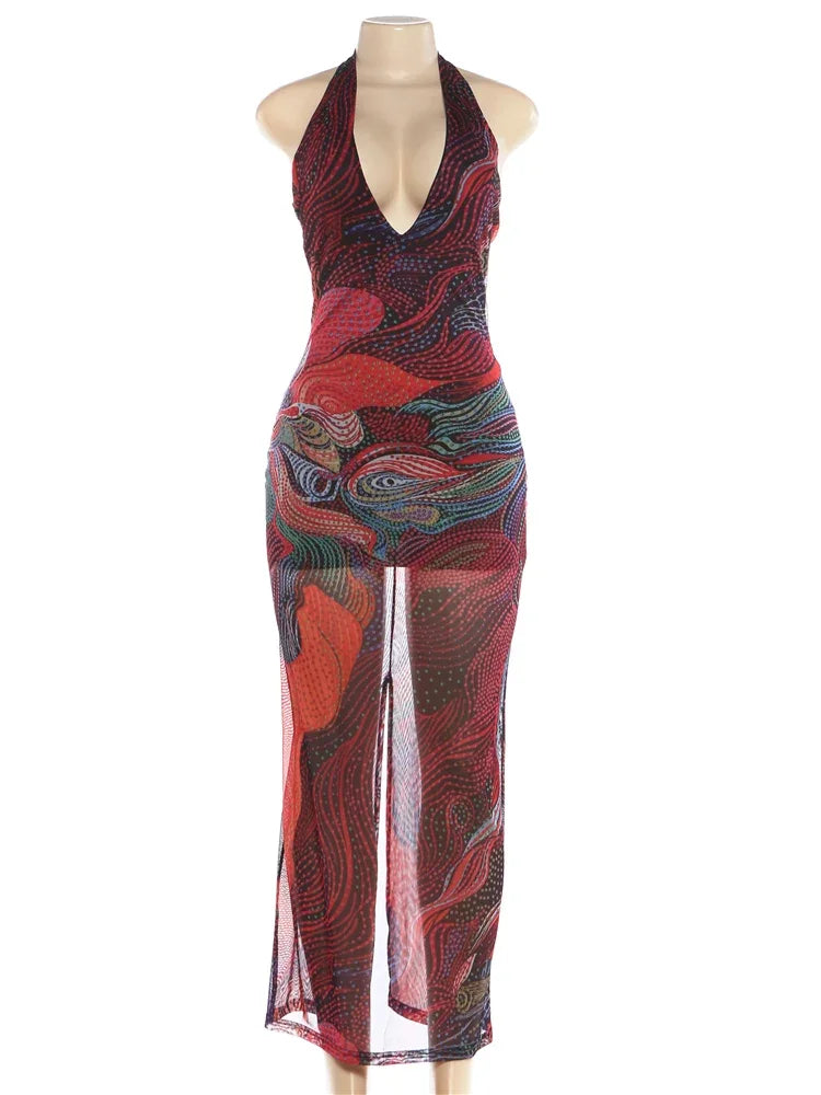 Sexy Long Dress Woman Colorful Print Halter Low-Neck Backless Sleeveless Splits Hem Midnight Club Party Vestidos