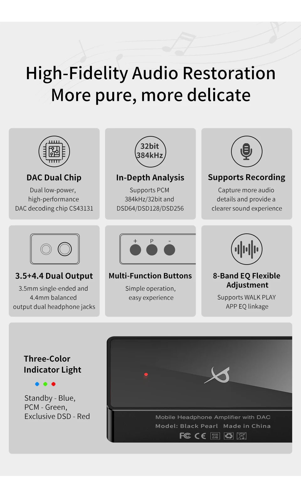 TRN Black Pearl Portable Hi-Fi Digital Audio Decoder 3.5+4.4 Output Dual CS43131 PCM 384kHz 32Bit DSD256 DAC Headphone Amplifier
