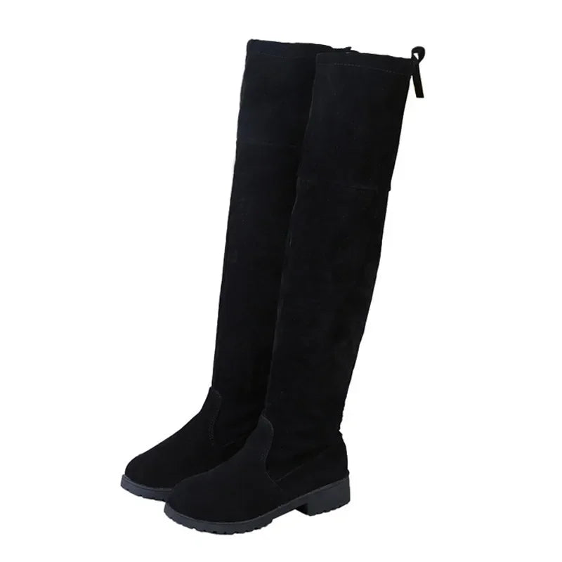 Faux Suede Female Heels Autumn Winter Elastic Knee-high Boots for Women Tube Lace-up Thigh Boots Black Botas