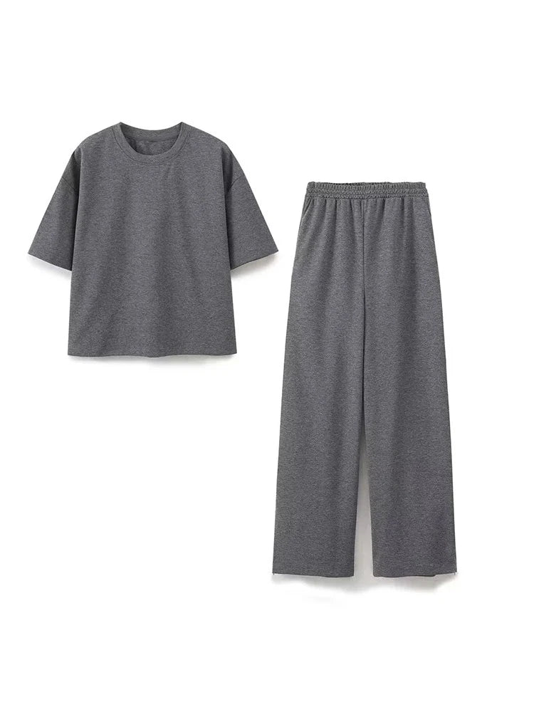 HH 2024 Women's Solid Casual T Shirts Pant Set Short Sleeves O-Neck T-Shirt Top+Lace-up Loose Side Pockets Straight Pant