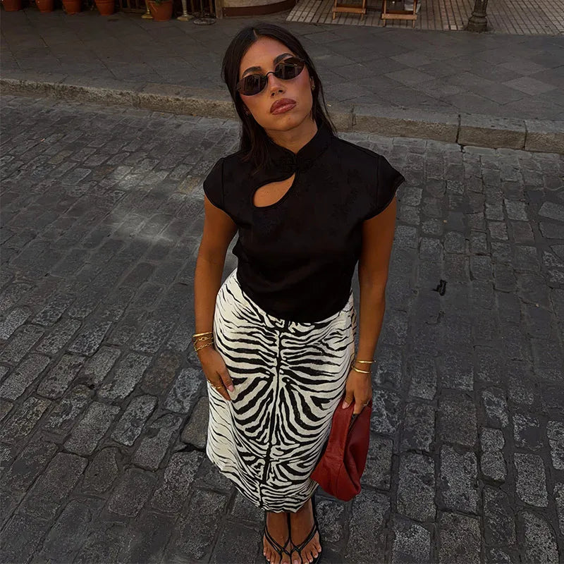Chic Women Black White Zebra Print Midi Pencil Skirt High Waist Front Split Straight Chic Streetwear 2026 Autumn Summer Bottoms