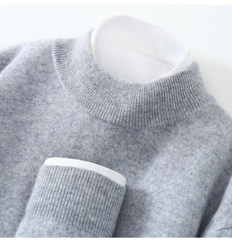 Autumn/Winter Men's 100% Pure Cashmere Pullover Business Casual Solid Knitted Sweater Loose Half High Neck Tops Thick Jumper