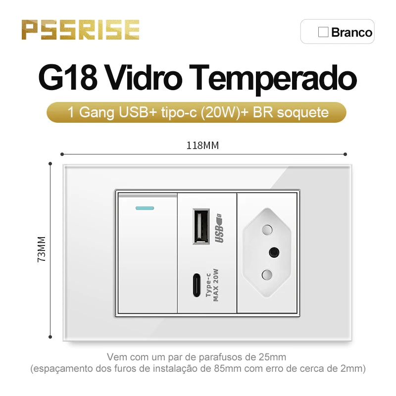 PSSRISE White Tempered Glass Standard sockets and switches brazil Switzerland Usb Type C Wall Socket Light Switch Smart Switch