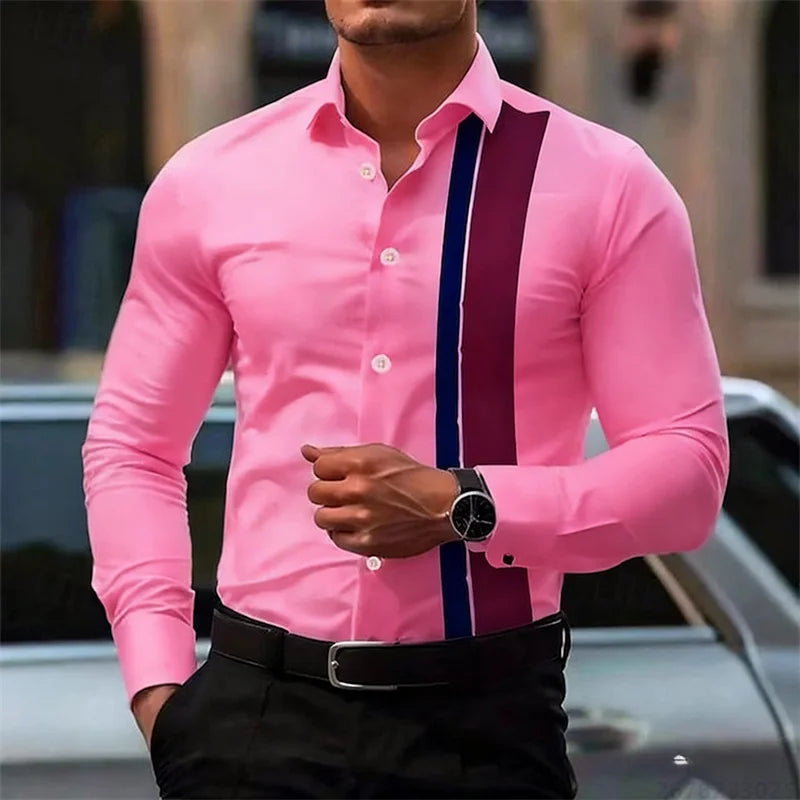 Men's fashionable contrast color striped long sleeve shirt European and American style business casual trendy casual men's shirt