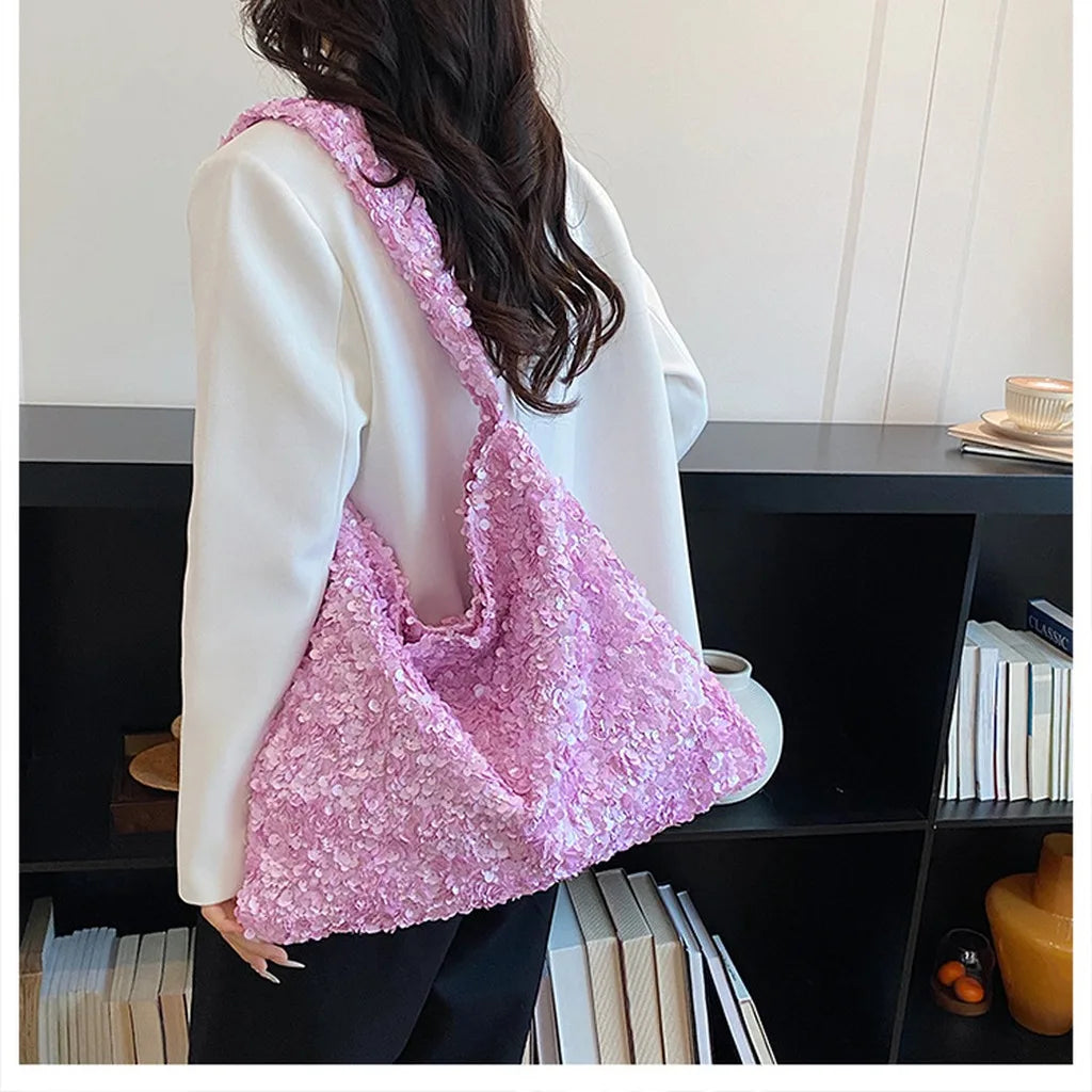 Women'S Sequined Tote Bag Medium-Soft Shoulder Tote Bag Large Capacity Tote Casual For Shopping Meeting Date