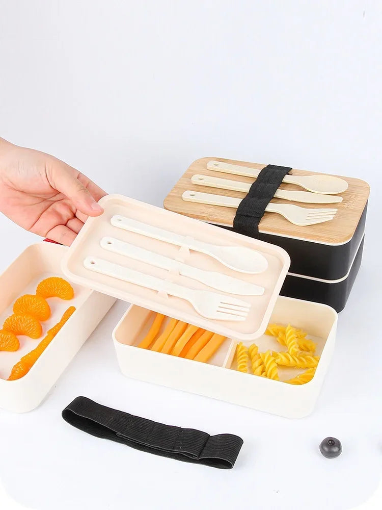 1200ML Divided Lunch Box Picnic Microwave Wooden Cover Japanese Bento Box Portable Double Layer Food Container for Kids