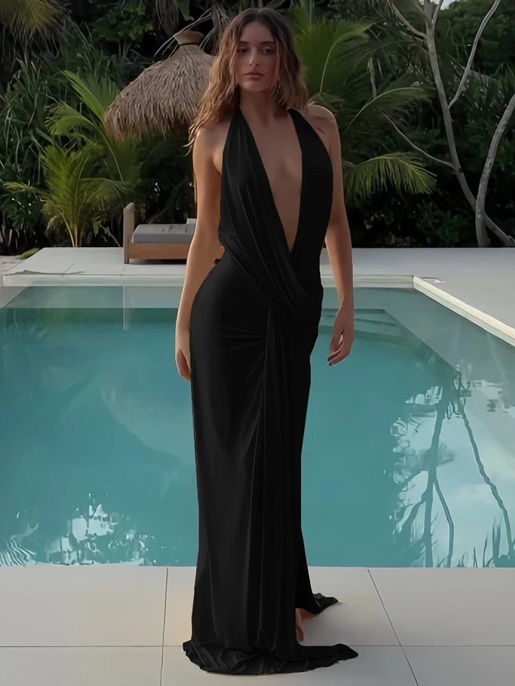 Cutenew Party Simple Women Maxi Dresses Solid Trend Halter Cross Swinging Neck Backless V-neck High Split Bodycon Mujer Vestidos
