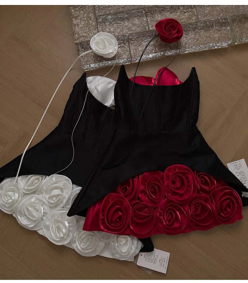 Women's Sweet Slash Neck Sleeveless Slim Waist Short Mini Dress French Retro 3D Rose Birthday Dress Spicy Girl Floral Bud Dress
