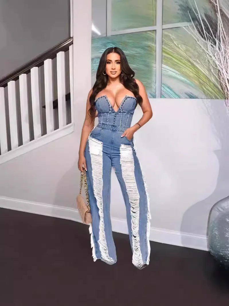 Tassel Hollow Out Overalls For Women Studded Diamond Strapless Backless Jeans Street Fashion Trend Jumpsuite Femme