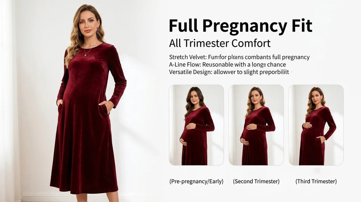 Maternity Autumn Winter Golden Velvet Pocket Long Sleeve Dress Formal Party Gala Long Dress Burgundy Maternity