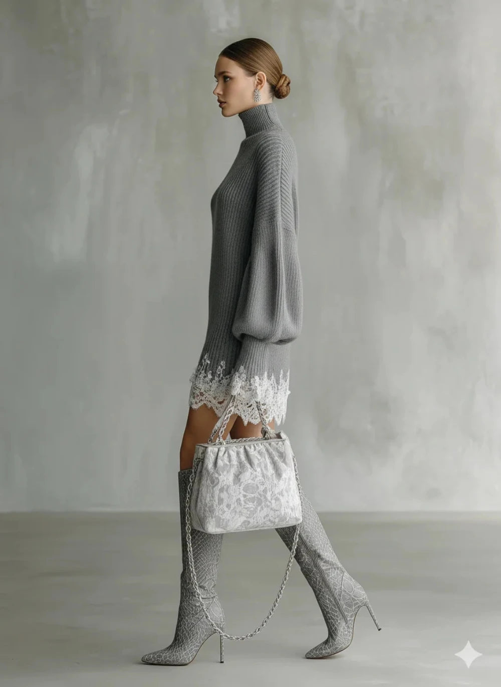 Fall Winter Women Oversized Turtleneck Knit Sweater Dress Lantern Long Sleeve Lace Trim Irregular Hem Loose Pullover Mini Dress