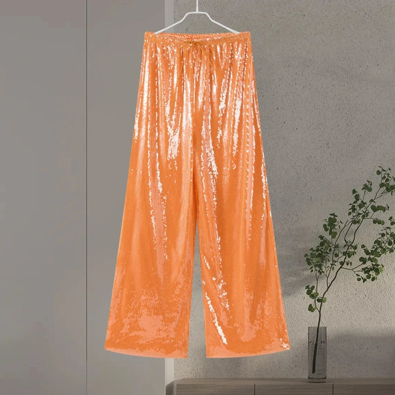 Street Sequin Women's Pants Lace Up Elastic Low Waist Female Wide Leg Trousers 2026 Summer Shiny Loose Club Party Lady Pant