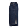 Women Dark Denim Midi Skirt High Waist Asymmetrical Wrap with Slit Casual Elegant Jean Skirt