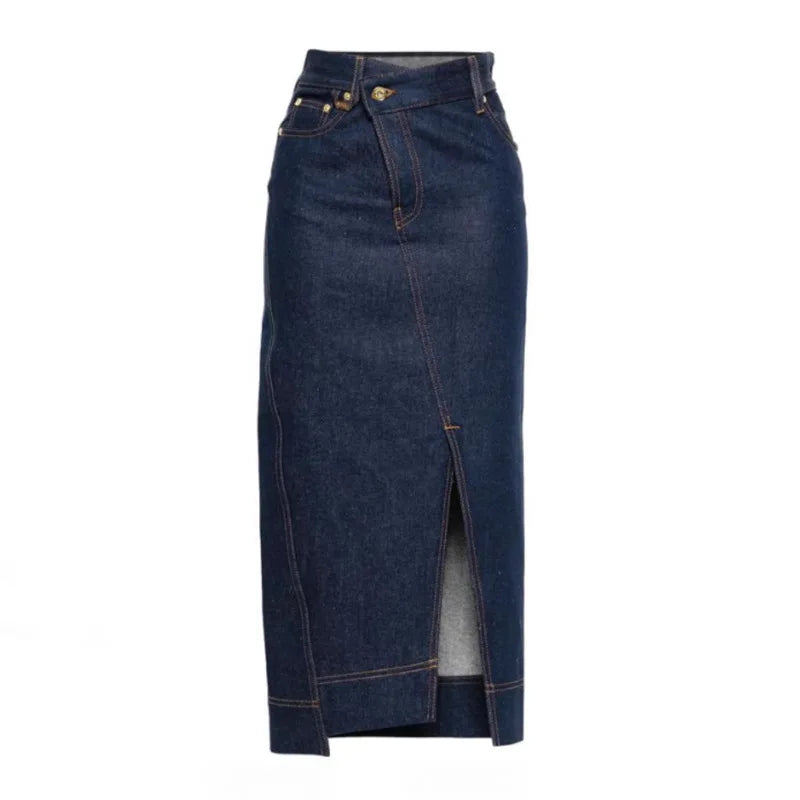 Women Dark Denim Midi Skirt High Waist Asymmetrical Wrap with Slit Casual Elegant Jean Skirt