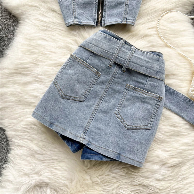 Sexy Women Summer Denim Jeans Halter Tops Mini Skirt Outfits Suits Backless Sashes Chic Style Bodycon High Waist Vestidos