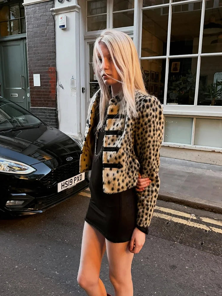 Women Leopard Print Faux Fur Jacket Mandarin Collar Chinese Frog Closure Cropped Vintage Y2K Slim Fit Coat Ladies Outerwear