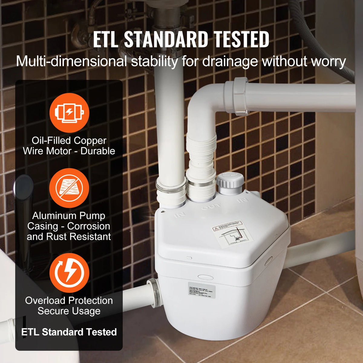 VEVOR Utility Sink Pump 1/3 HP 120V 1750 GPH Flow 18 ft Head Under-Sink Sump Pump System Heavy-Duty Utility/Laundry Sink Pump