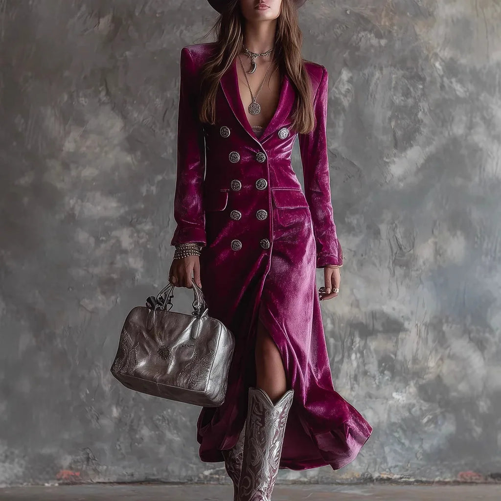 Velvet Double Breasted Dress for Women's Long Sleeve Lapel Collar Split Hem Elegant Vintage Casual Slim Fall Winter Midi Dress