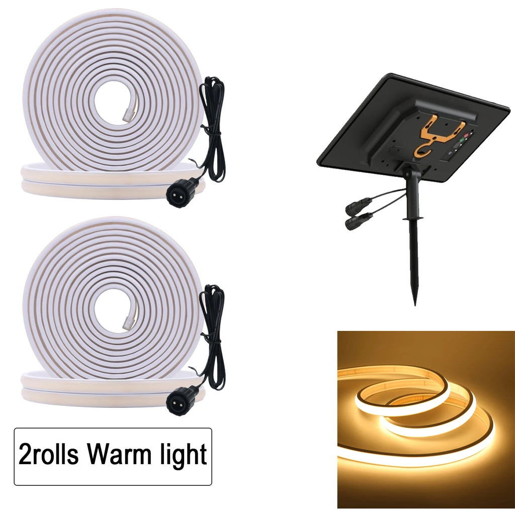 24V COB LED Solar Strip Outdoor Waterproof Neon Light 320LEDs/m Flexible Rope Light Warm Natural White Courtyard Home Lighting