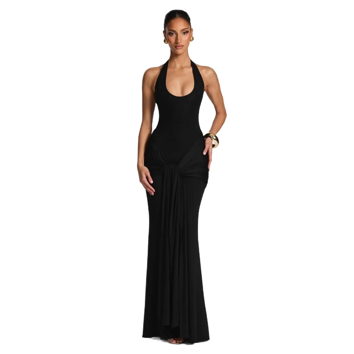 Summer Elegant Evening Dress Women Halter Neck Sleeveless Draped Mermaid Prom Gown Civil Wedding Engagement Party Dress