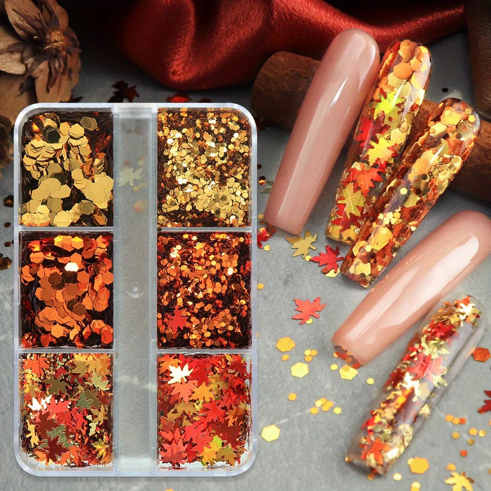 6 Grids Autumn Nail Glitter Flakes Golden Red Orange Leaf Sequins for Nail Art DIY Decorations Fall Acrylic Tips Decals Supplies