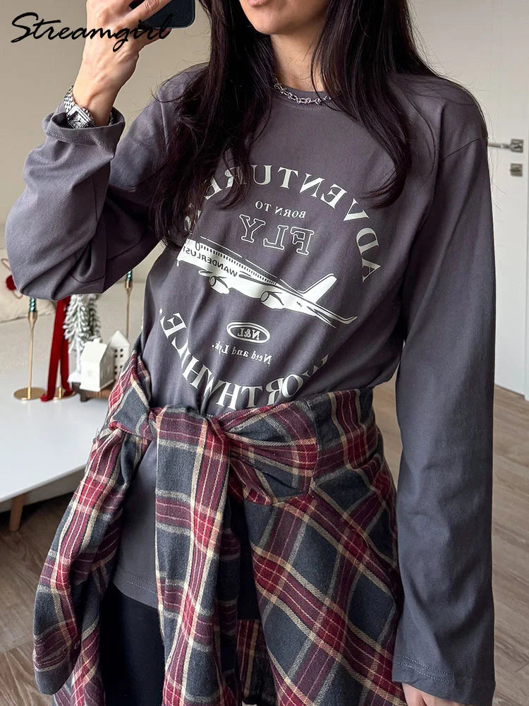 Streamgirl Cotton Long Sleeve T-shirt For Women Spring Tops Graphic Tees Oversized Casual Light Yellow Tshirts Ladies Basic Tops