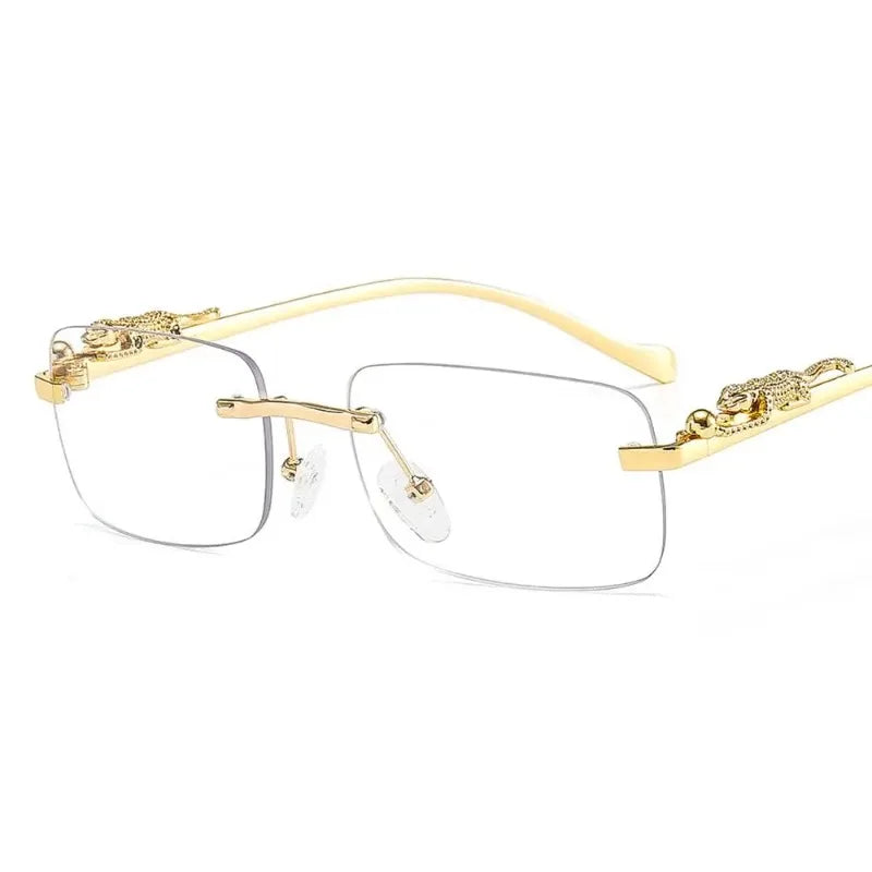 Unisex Luxury Rimless Square Sunglasses - Brand Designer Leopard Head Metal Shade Eyewear Travel Driving