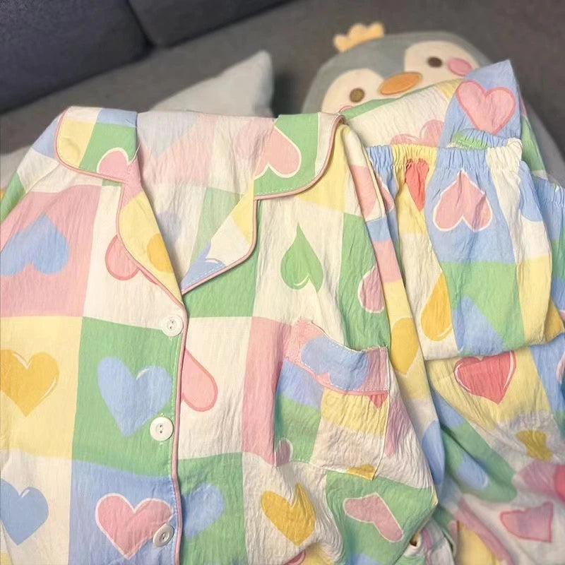 Y2K Colourful Love Plaid Print Women's Pajamas Harajuku Style Sweet Cute Sleepwear Women's New Spring Kawaii 2 Piece Pajamas Set