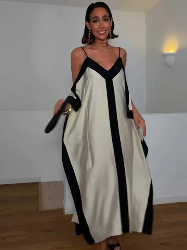 Contrast Black Trim Satin Cami Maxi Dress Deep V Neck Loose Flowy Ruffle Hem Lady Long Gown 2026 Summer Formal Vacation Dresses