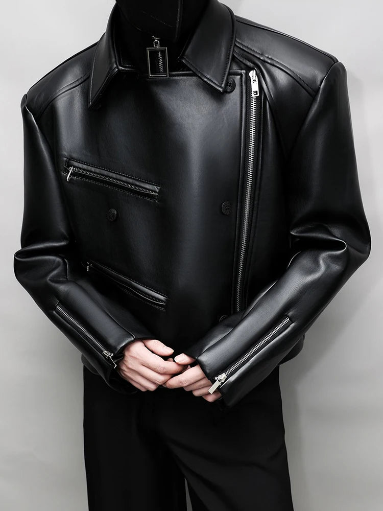 Mauroicardi Spring Autumn Oversized Cool Pu Leather Jacket Men Long Sleeve Stand Collar High Quality Luxury Designer Clothes
