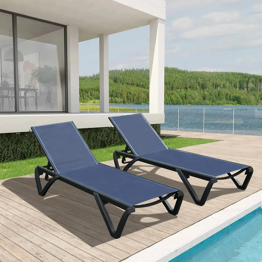 2 Pack Aluminum Outdoor Chaise Lounge,With Wheels,5 Position Adjustable,All Weather Pool Patio, Custom